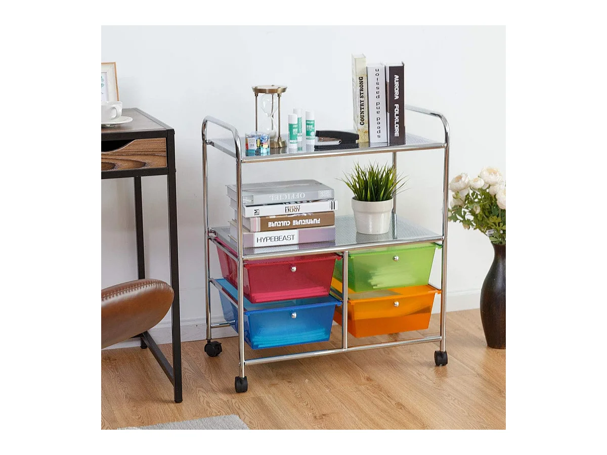 4 kleurrijke lades rollende opslagkar metalen rek plank thuiskantoor 2 plankenTI76292