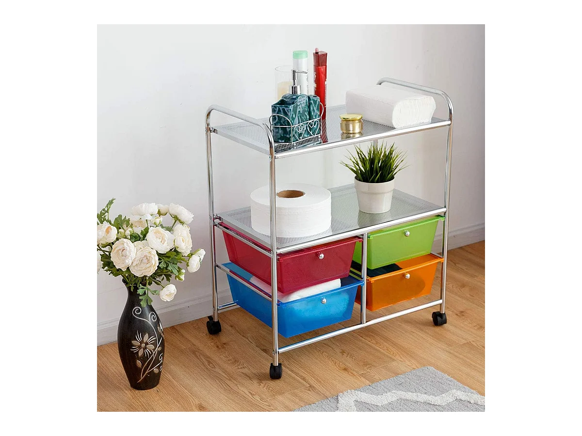 4 kleurrijke lades rollende opslagkar metalen rek plank thuiskantoor 2 plankenTI76292