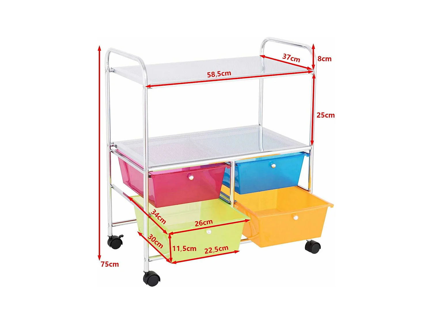4 kleurrijke lades rollende opslagkar metalen rek plank thuiskantoor 2 plankenTI76292