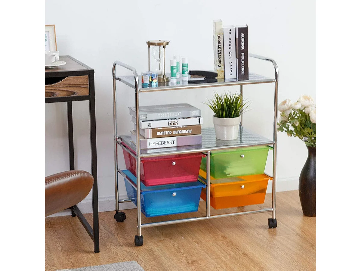 4 kleurrijke lades rollende opslagkar metalen rek plank thuiskantoor 2 plankenTI76292