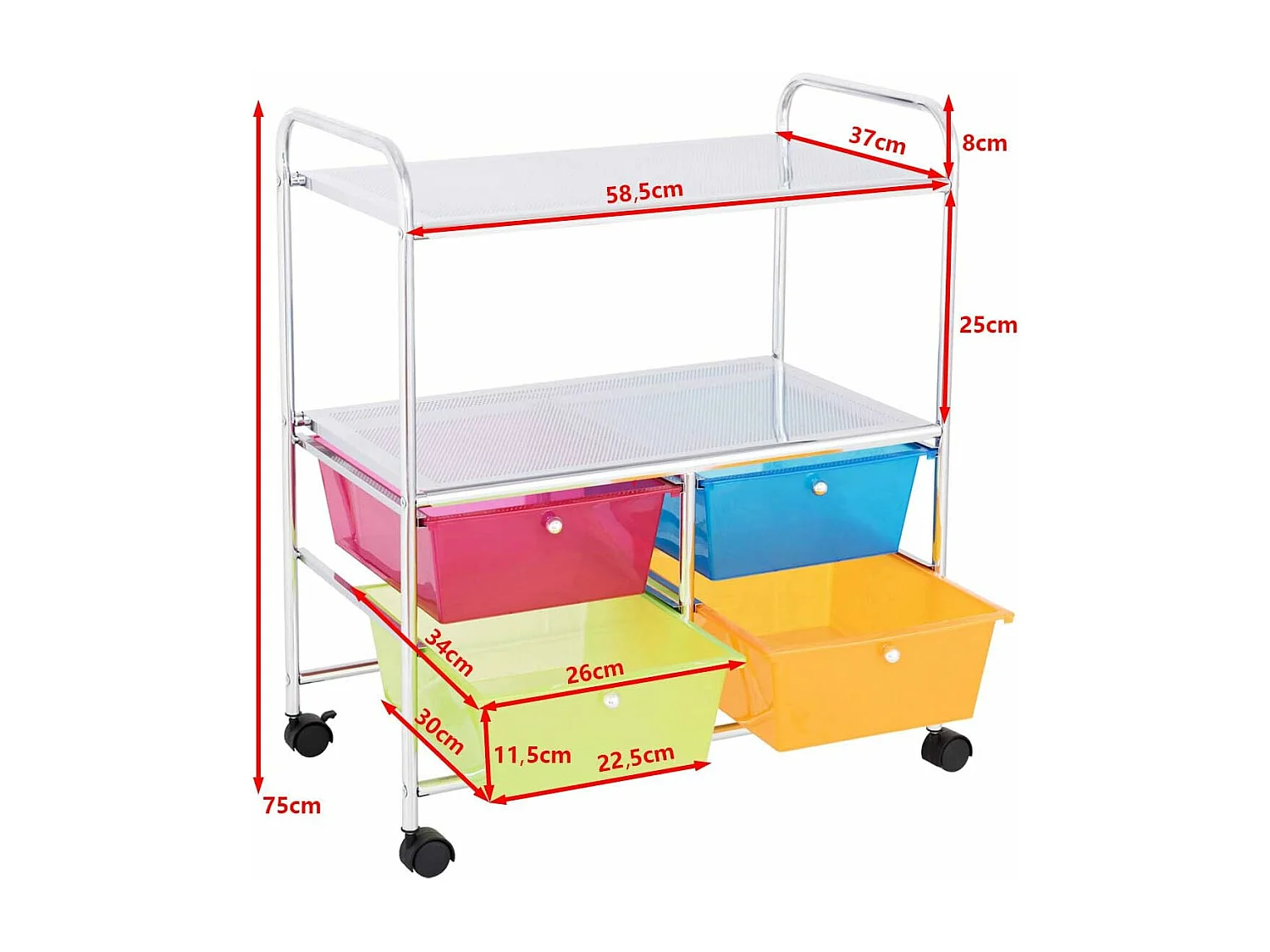4 kleurrijke lades rollende opslagkar metalen rek plank thuiskantoor 2 plankenTI76292