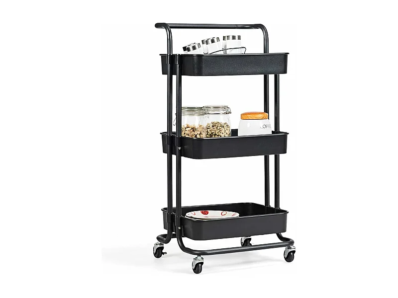 Serveerwagen op wieltjes, mobiele wagen met 3 niveaus en handgreep, metalen rolwagen, 3 roostermanden van kunststof，multifunctionele wagen, voor badkamer,TI92301