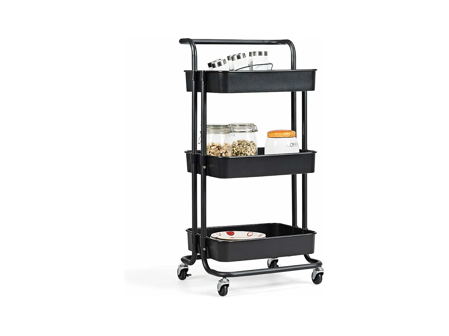 Serveerwagen op wieltjes, mobiele wagen met 3 niveaus en handgreep, metalen rolwagen, 3 roostermanden van kunststof，multifunctionele wagen, voor badkamer,TI92301