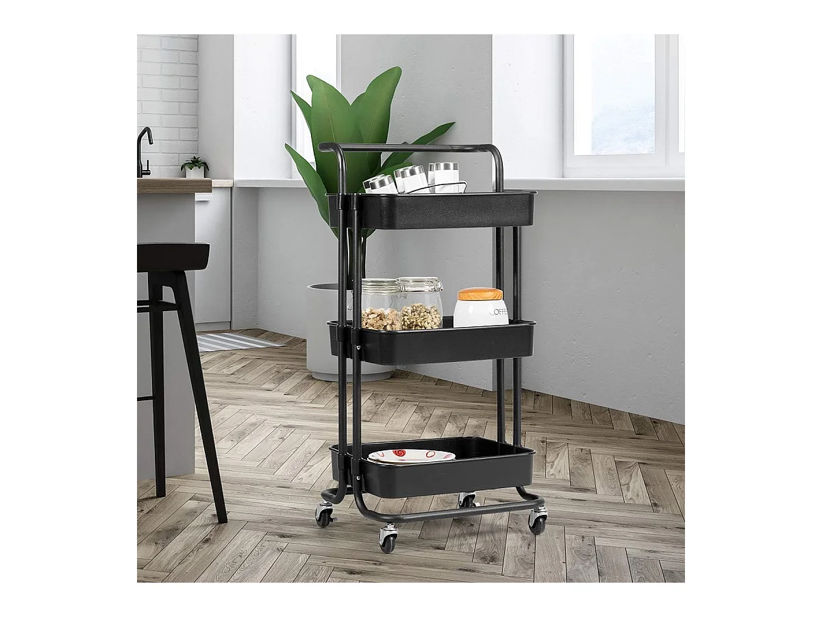 Serveerwagen op wieltjes, mobiele wagen met 3 niveaus en handgreep, metalen rolwagen, 3 roostermanden van kunststof，multifunctionele wagen, voor badkamer,TI92301