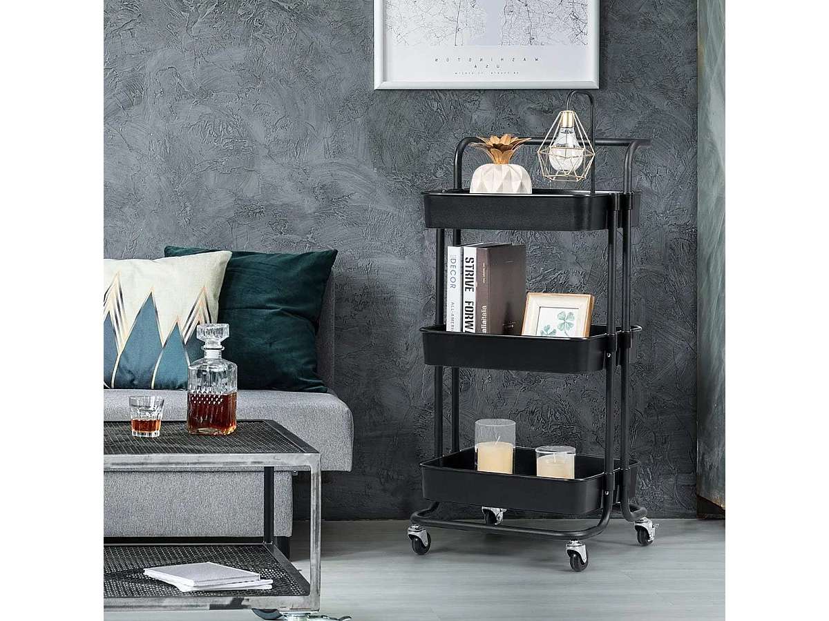 Serveerwagen op wieltjes, mobiele wagen met 3 niveaus en handgreep, metalen rolwagen, 3 roostermanden van kunststof，multifunctionele wagen, voor badkamer,TI92301