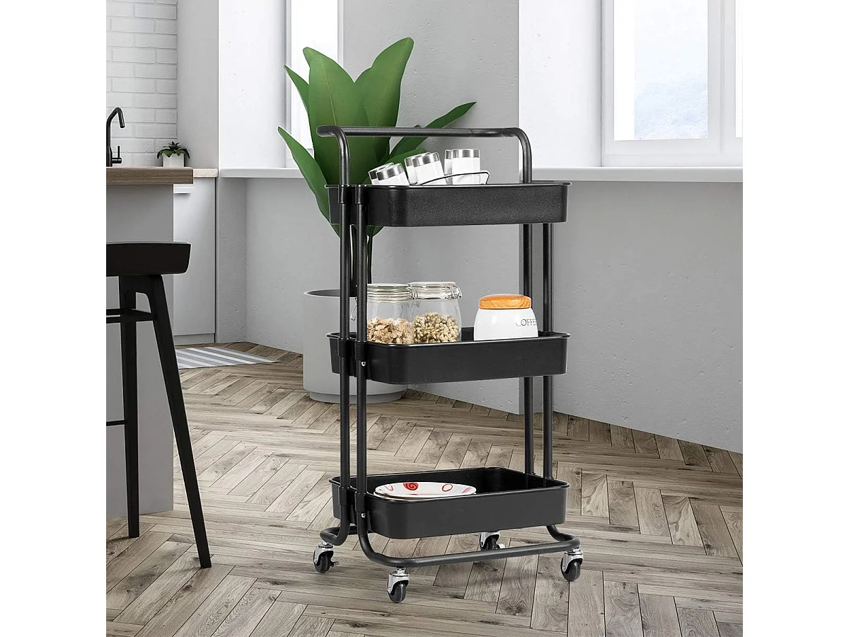 Serveerwagen op wieltjes, mobiele wagen met 3 niveaus en handgreep, metalen rolwagen, 3 roostermanden van kunststof，multifunctionele wagen, voor badkamer,TI92301