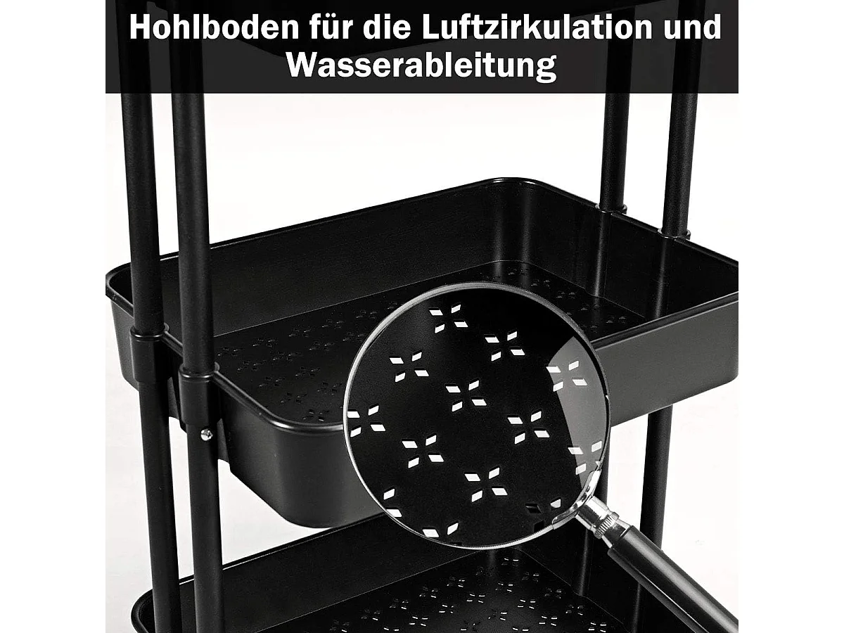 Serveerwagen op wieltjes, mobiele wagen met 3 niveaus en handgreep, metalen rolwagen, 3 roostermanden van kunststof，multifunctionele wagen, voor badkamer,TI92301