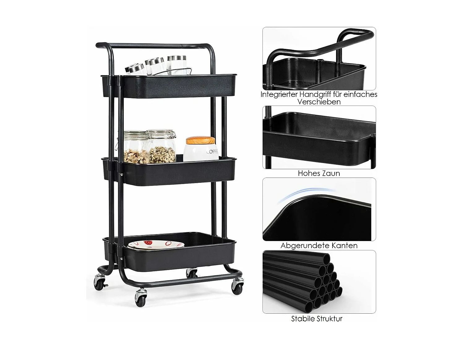 Serveerwagen op wieltjes, mobiele wagen met 3 niveaus en handgreep, metalen rolwagen, 3 roostermanden van kunststof，multifunctionele wagen, voor badkamer,TI92301