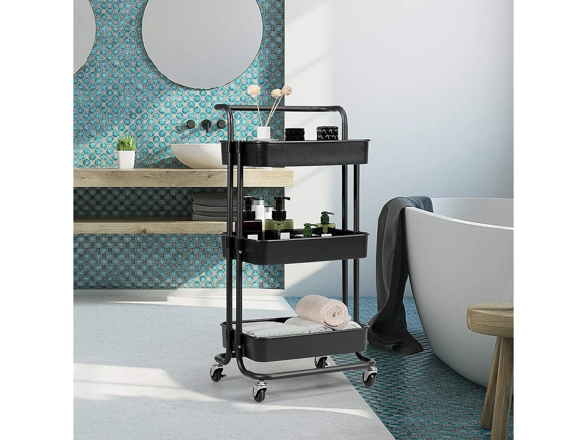 Serveerwagen op wieltjes, mobiele wagen met 3 niveaus en handgreep, metalen rolwagen, 3 roostermanden van kunststof，multifunctionele wagen, voor badkamer,TI92301