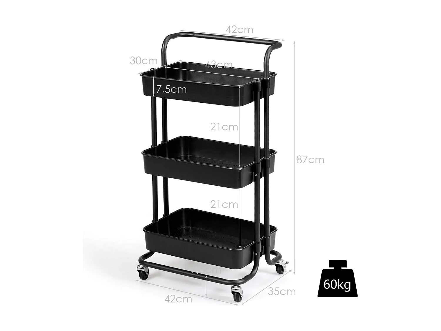 Serveerwagen op wieltjes, mobiele wagen met 3 niveaus en handgreep, metalen rolwagen, 3 roostermanden van kunststof，multifunctionele wagen, voor badkamer,TI92301