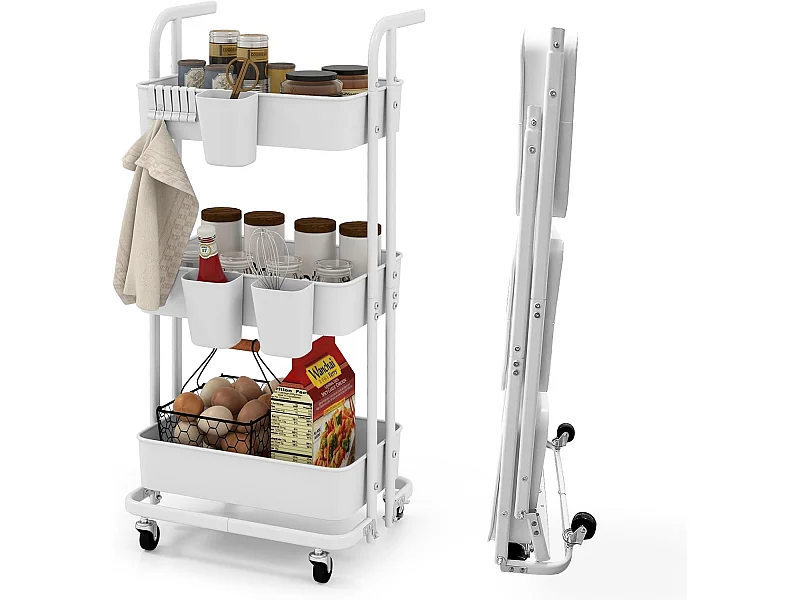 Rolwagen met 3 niveaus, inklapbaar, mobiele serveerwagen op wielen, keukenwagen van metaal met handvat, 3 hangbekers en 6 haken,opbergwagen voor keuken,witVL32414
