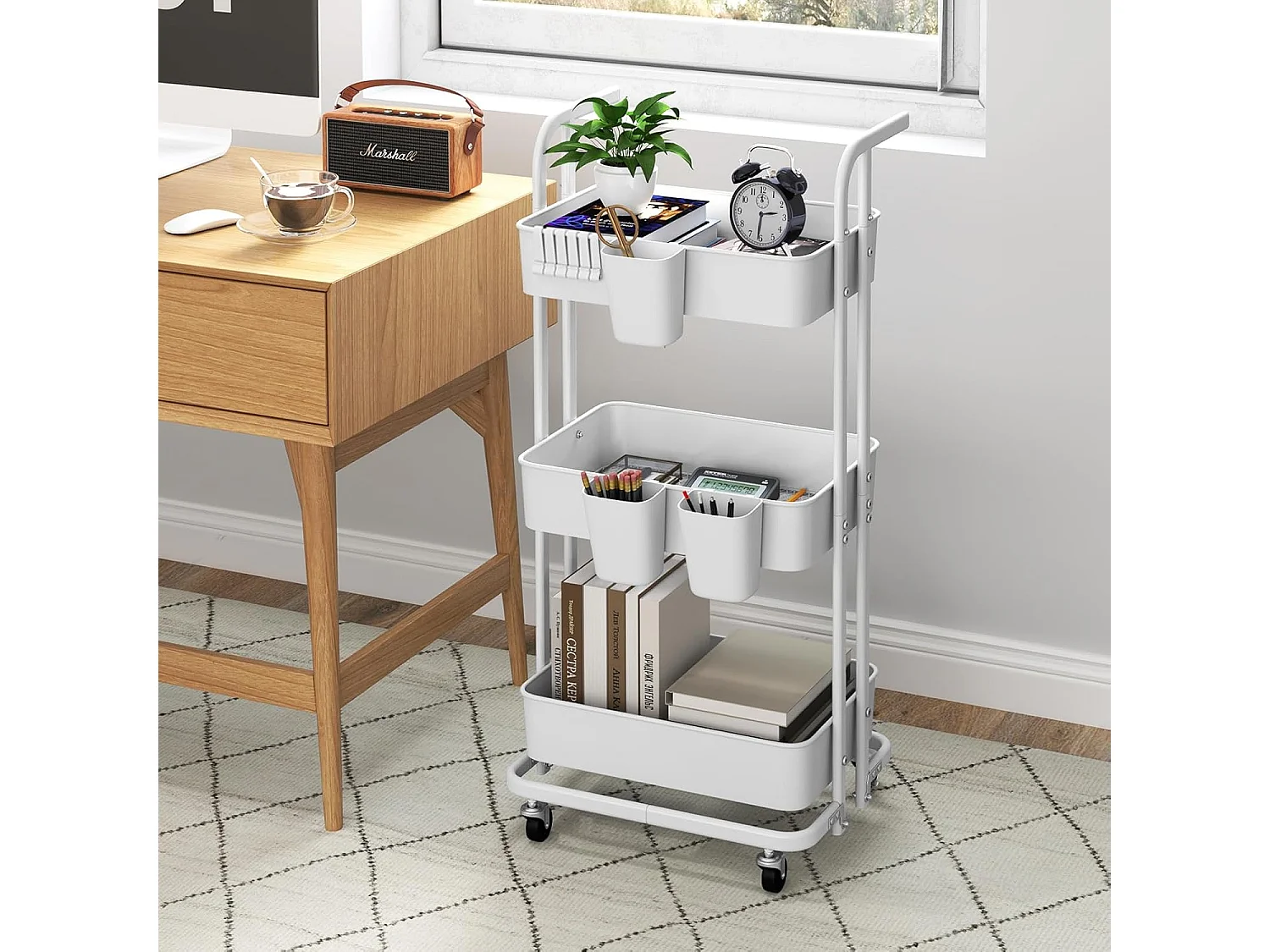 Rolwagen met 3 niveaus, inklapbaar, mobiele serveerwagen op wielen, keukenwagen van metaal met handvat, 3 hangbekers en 6 haken,opbergwagen voor keuken,witVL32414