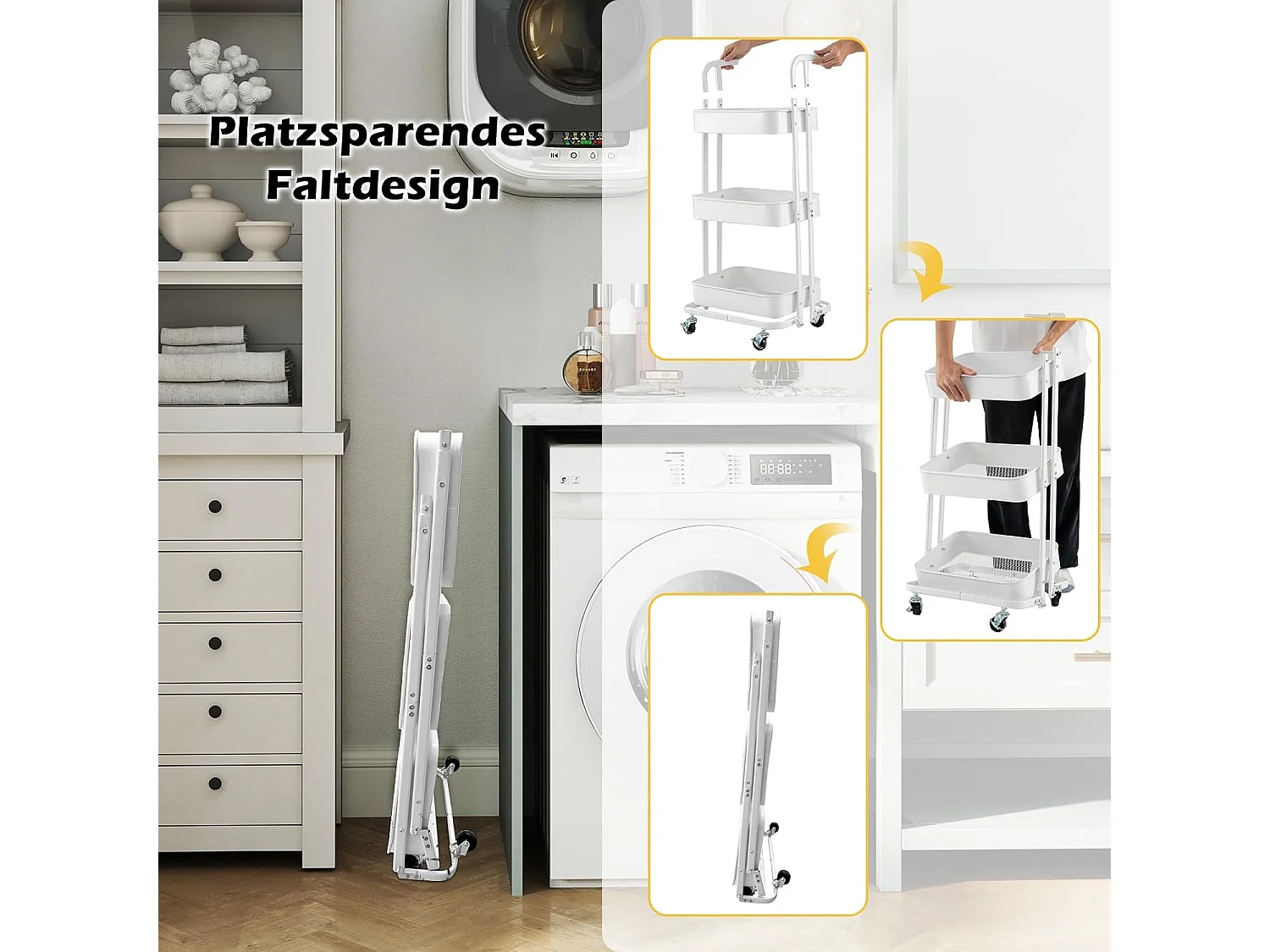 Rolwagen met 3 niveaus, inklapbaar, mobiele serveerwagen op wielen, keukenwagen van metaal met handvat, 3 hangbekers en 6 haken,opbergwagen voor keuken,witVL32414