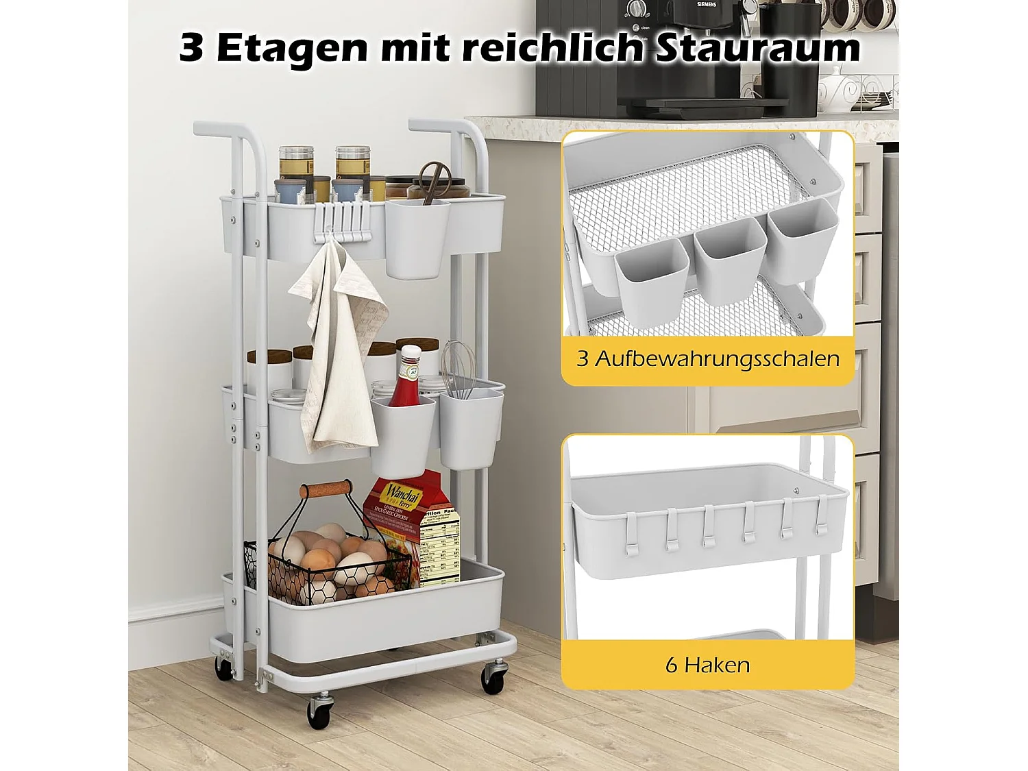Rolwagen met 3 niveaus, inklapbaar, mobiele serveerwagen op wielen, keukenwagen van metaal met handvat, 3 hangbekers en 6 haken,opbergwagen voor keuken,witVL32414