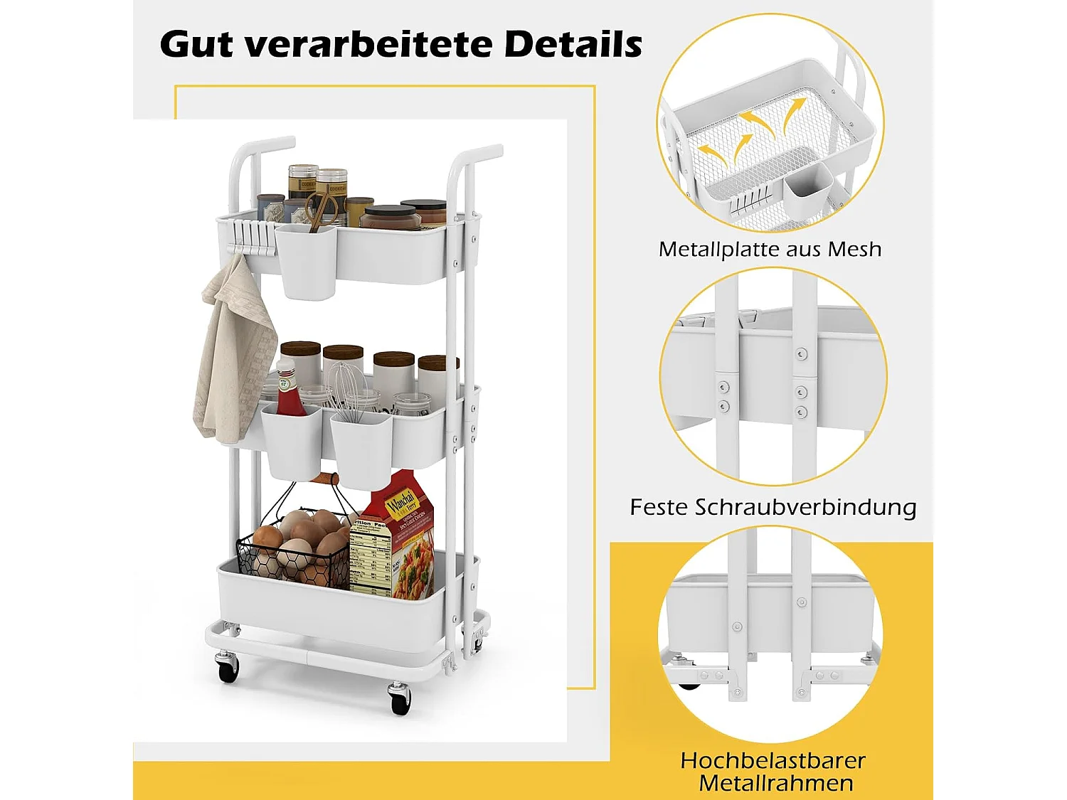 Rolwagen met 3 niveaus, inklapbaar, mobiele serveerwagen op wielen, keukenwagen van metaal met handvat, 3 hangbekers en 6 haken,opbergwagen voor keuken,witVL32414