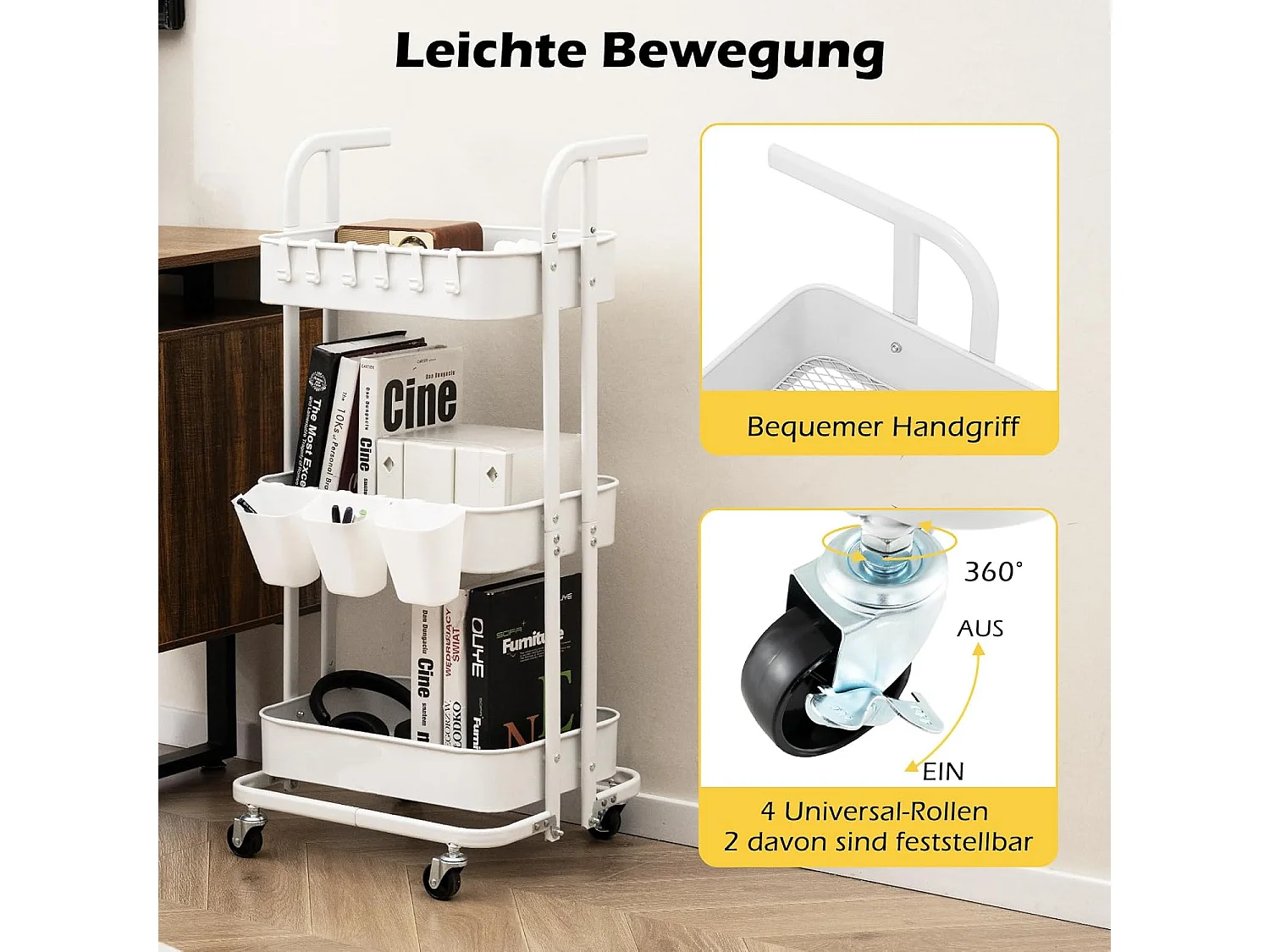 Rolwagen met 3 niveaus, inklapbaar, mobiele serveerwagen op wielen, keukenwagen van metaal met handvat, 3 hangbekers en 6 haken,opbergwagen voor keuken,witVL32414