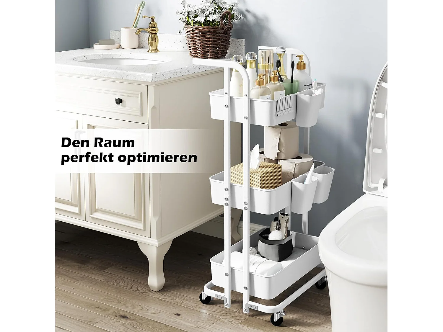 Rolwagen met 3 niveaus, inklapbaar, mobiele serveerwagen op wielen, keukenwagen van metaal met handvat, 3 hangbekers en 6 haken,opbergwagen voor keuken,witVL32414