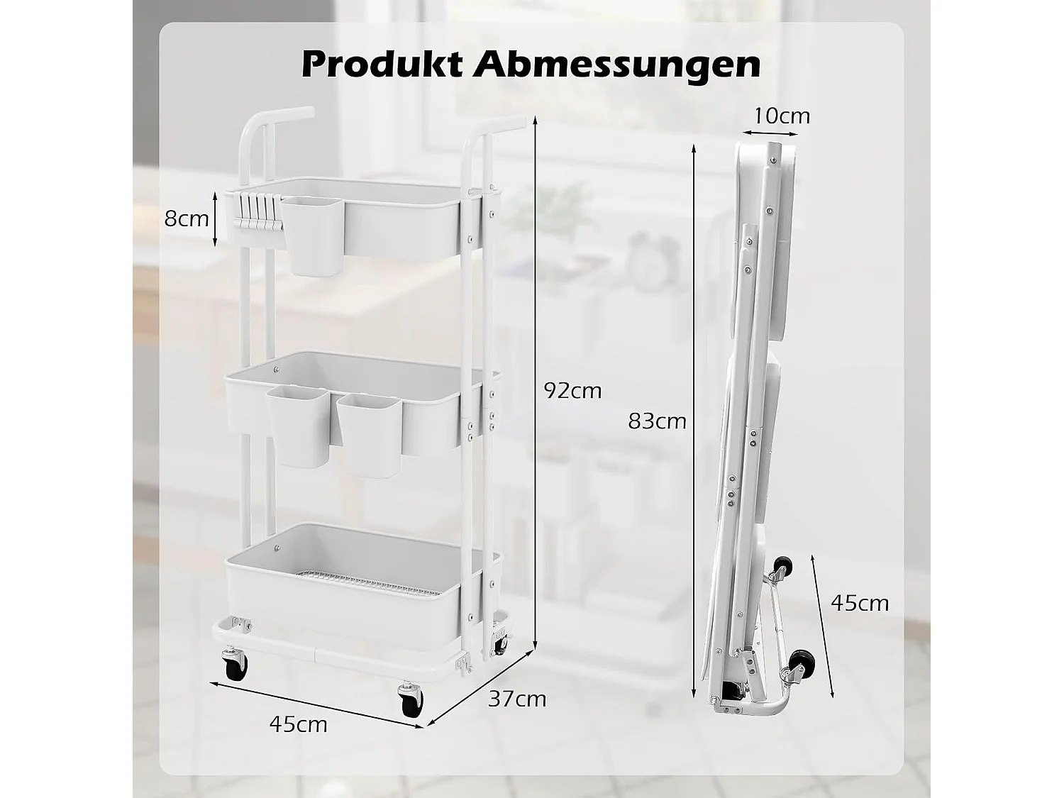 Rolwagen met 3 niveaus, inklapbaar, mobiele serveerwagen op wielen, keukenwagen van metaal met handvat, 3 hangbekers en 6 haken,opbergwagen voor keuken,witVL32414