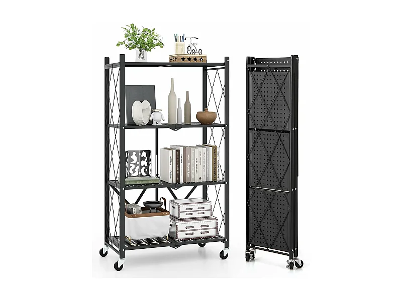 Rek voor zware lasten, inklapbaar, 4 niveaus, staand rek met vergrendelbare wielen, keukenrek met metalen frame,opbergrek voor keuken,zwart, 71x34x126 cmVL32407