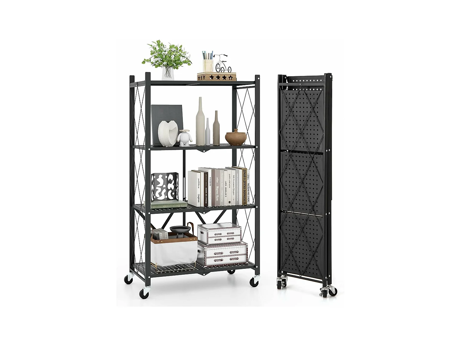 Rek voor zware lasten, inklapbaar, 4 niveaus, staand rek met vergrendelbare wielen, keukenrek met metalen frame,opbergrek voor keuken,zwart, 71x34x126 cmVL32407