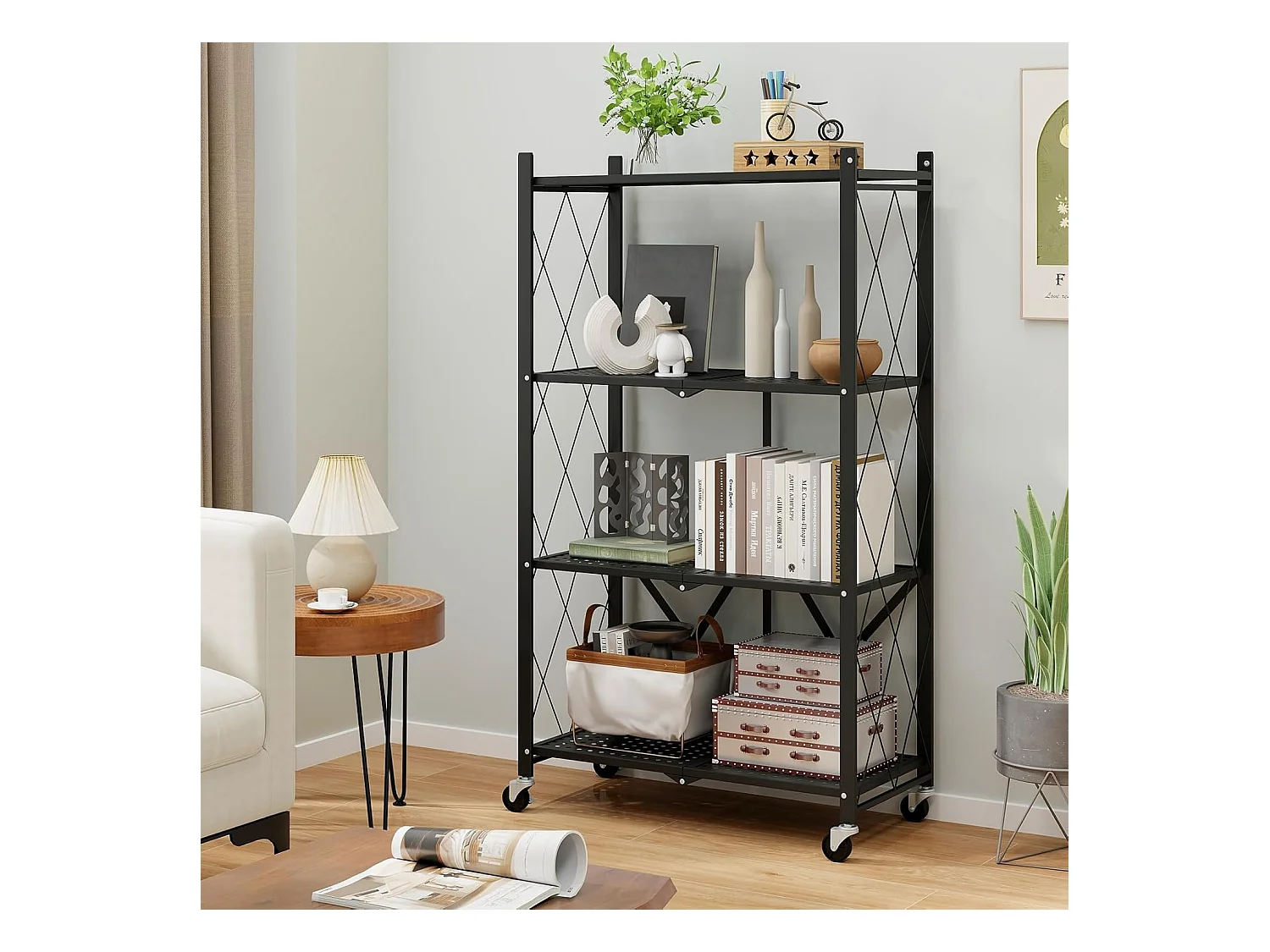 Rek voor zware lasten, inklapbaar, 4 niveaus, staand rek met vergrendelbare wielen, keukenrek met metalen frame,opbergrek voor keuken,zwart, 71x34x126 cmVL32407