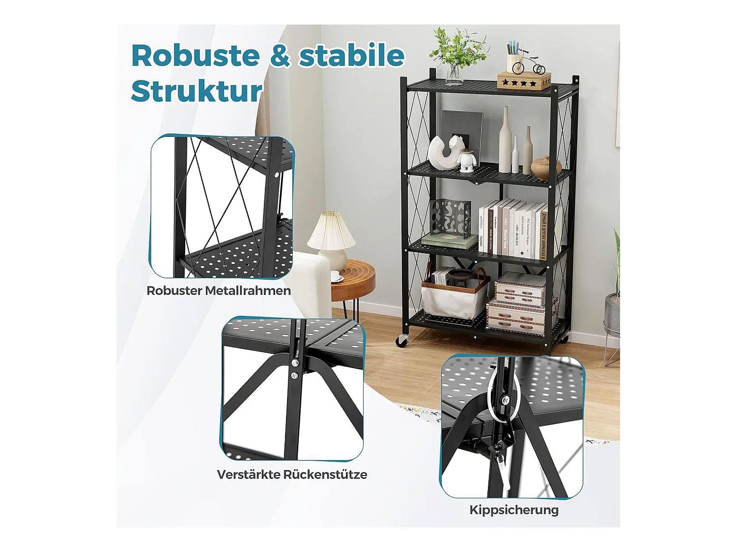 Rek voor zware lasten, inklapbaar, 4 niveaus, staand rek met vergrendelbare wielen, keukenrek met metalen frame,opbergrek voor keuken,zwart, 71x34x126 cmVL32407