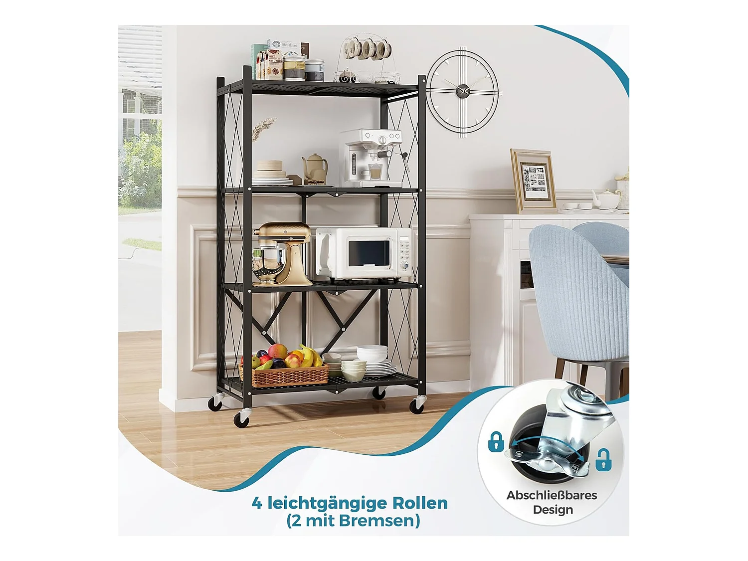 Rek voor zware lasten, inklapbaar, 4 niveaus, staand rek met vergrendelbare wielen, keukenrek met metalen frame,opbergrek voor keuken,zwart, 71x34x126 cmVL32407
