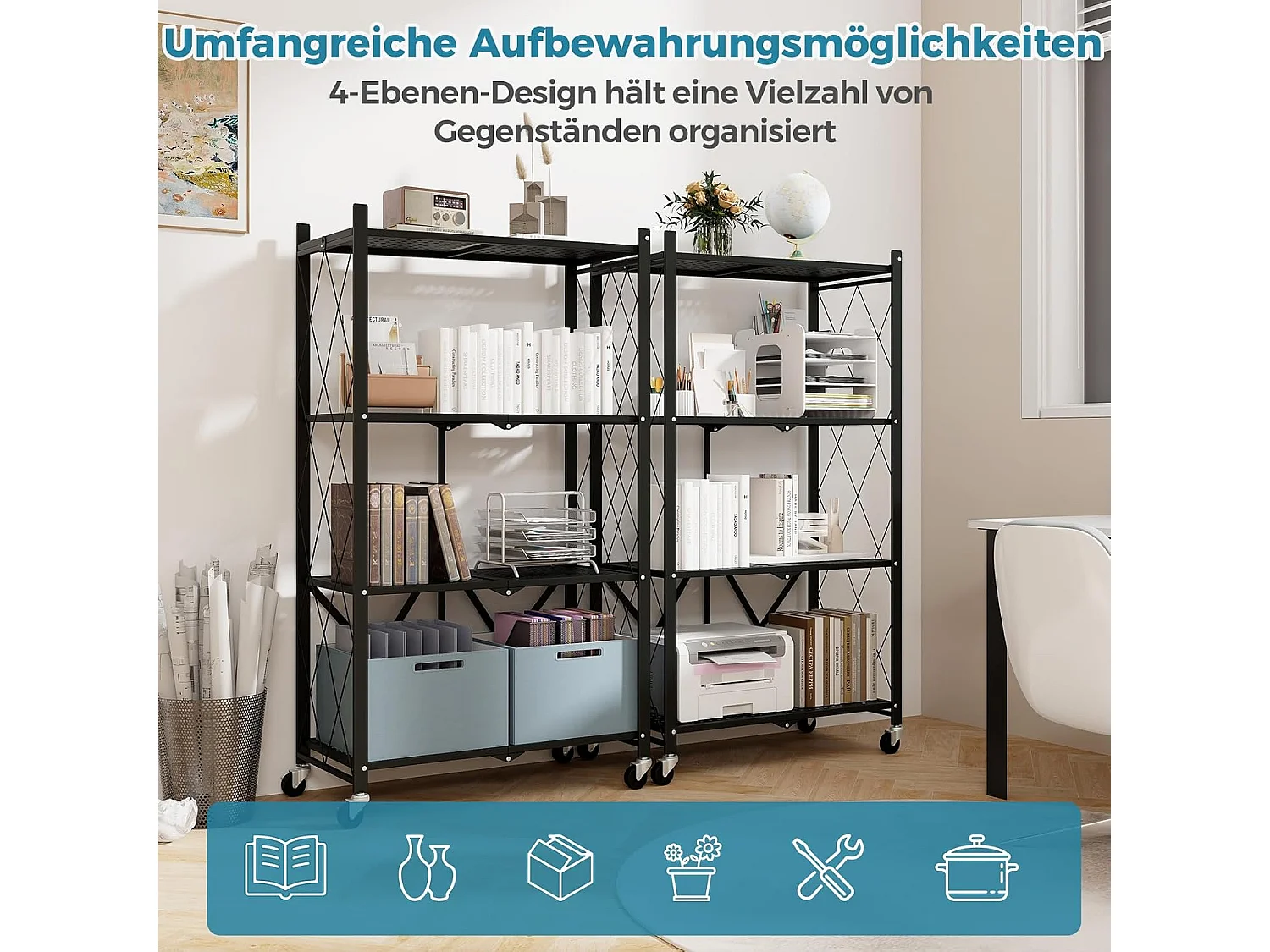 Rek voor zware lasten, inklapbaar, 4 niveaus, staand rek met vergrendelbare wielen, keukenrek met metalen frame,opbergrek voor keuken,zwart, 71x34x126 cmVL32407