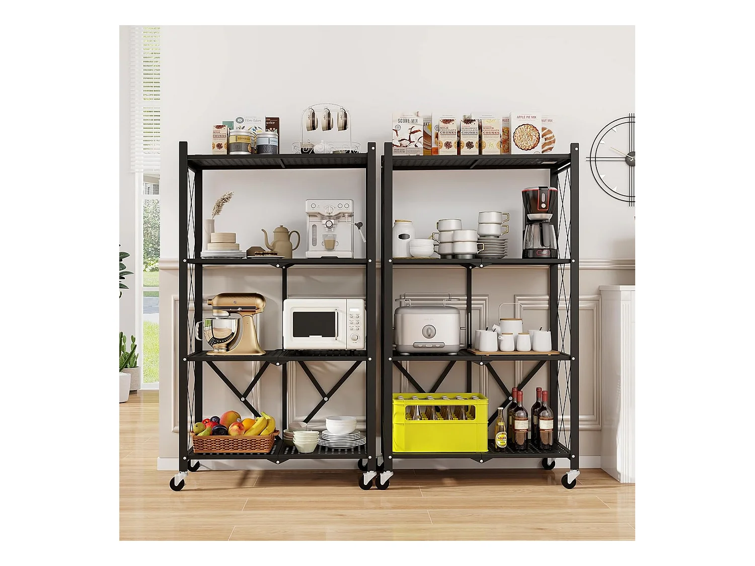 Rek voor zware lasten, inklapbaar, 4 niveaus, staand rek met vergrendelbare wielen, keukenrek met metalen frame,opbergrek voor keuken,zwart, 71x34x126 cmVL32407