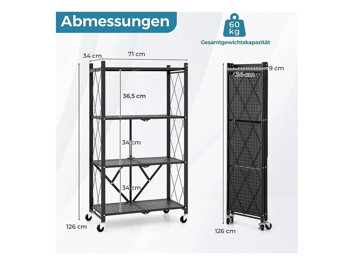 Rek voor zware lasten, inklapbaar, 4 niveaus, staand rek met vergrendelbare wielen, keukenrek met metalen frame,opbergrek voor keuken,zwart, 71x34x126 cmVL32407