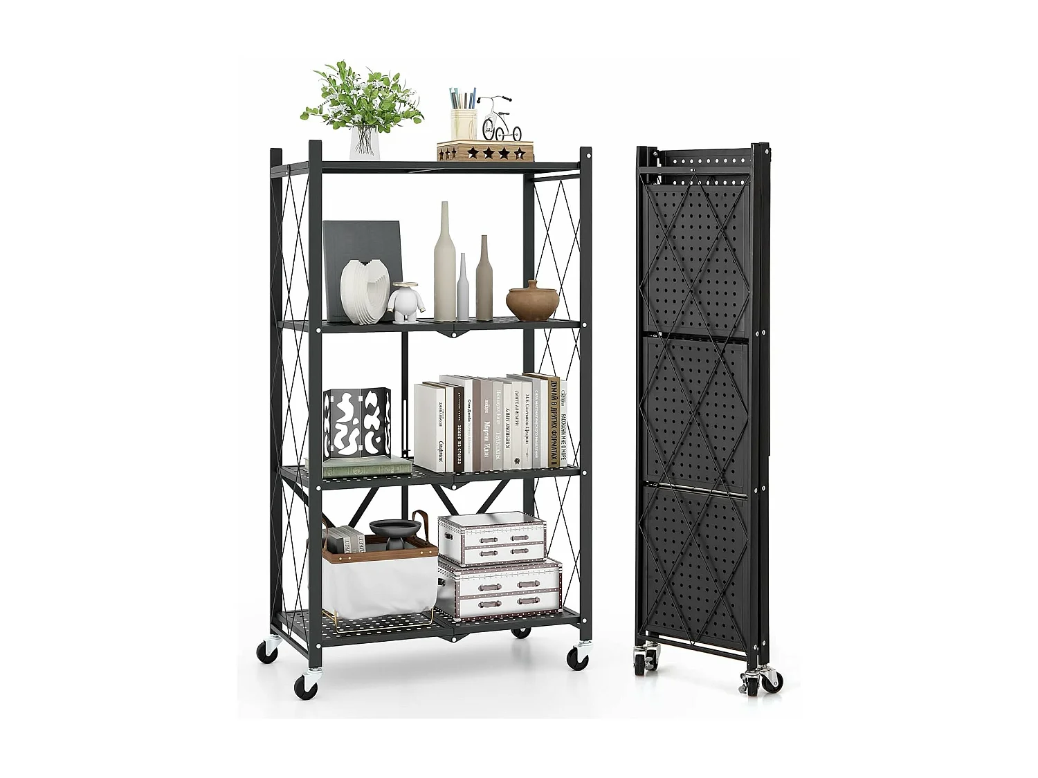 Rek voor zware lasten, inklapbaar, 4 niveaus, staand rek met vergrendelbare wielen, keukenrek met metalen frame,opbergrek voor keuken,zwart, 71x34x126 cmVL32407