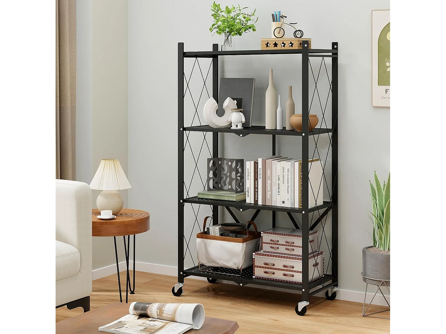 Rek voor zware lasten, inklapbaar, 4 niveaus, staand rek met vergrendelbare wielen, keukenrek met metalen frame,opbergrek voor keuken,zwart, 71x34x126 cmVL32407