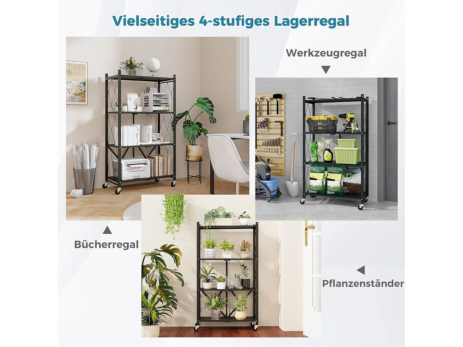 Rek voor zware lasten, inklapbaar, 4 niveaus, staand rek met vergrendelbare wielen, keukenrek met metalen frame,opbergrek voor keuken,zwart, 71x34x126 cmVL32407