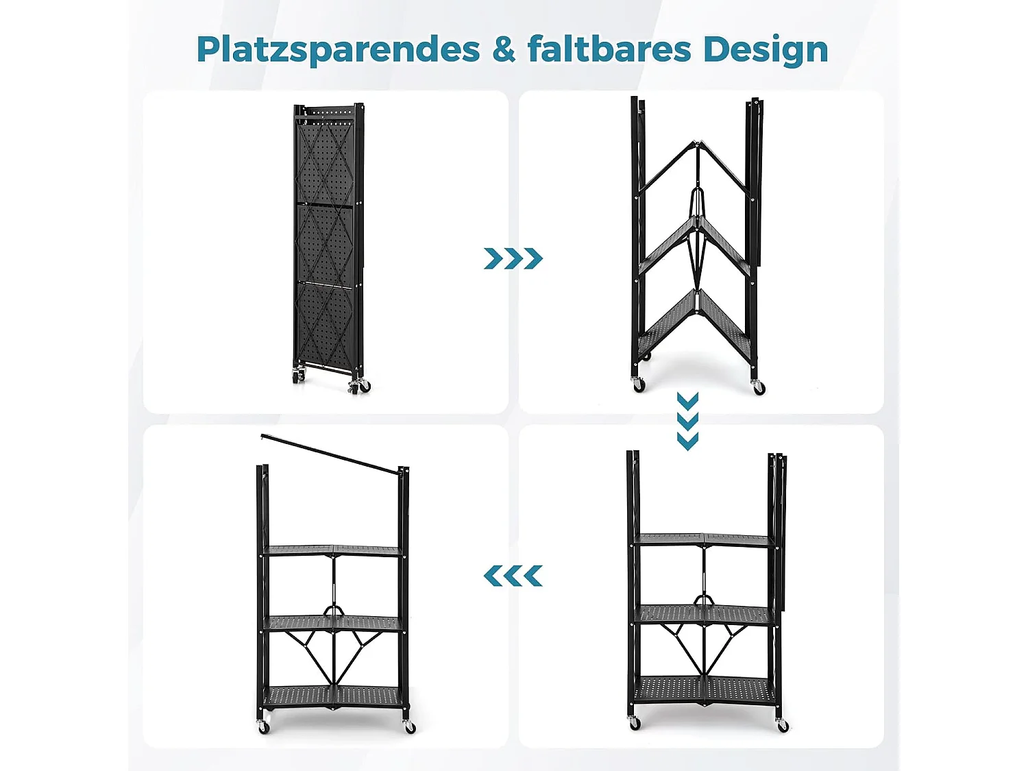 Rek voor zware lasten, inklapbaar, 4 niveaus, staand rek met vergrendelbare wielen, keukenrek met metalen frame,opbergrek voor keuken,zwart, 71x34x126 cmVL32407