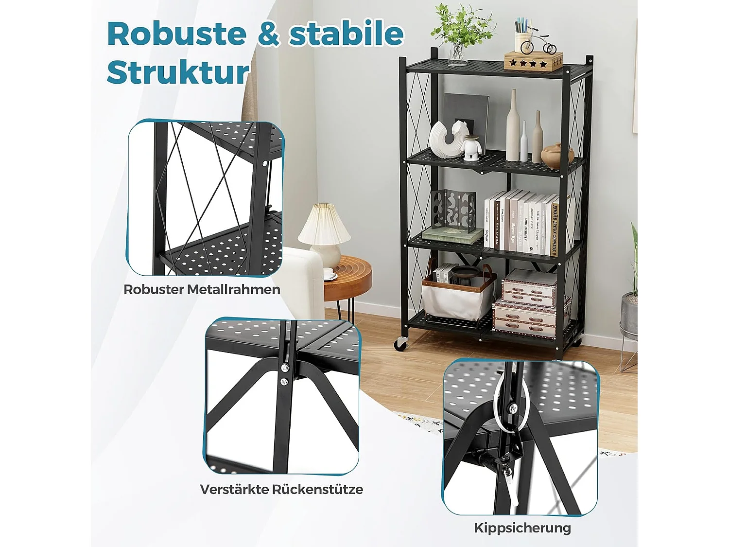 Rek voor zware lasten, inklapbaar, 4 niveaus, staand rek met vergrendelbare wielen, keukenrek met metalen frame,opbergrek voor keuken,zwart, 71x34x126 cmVL32407