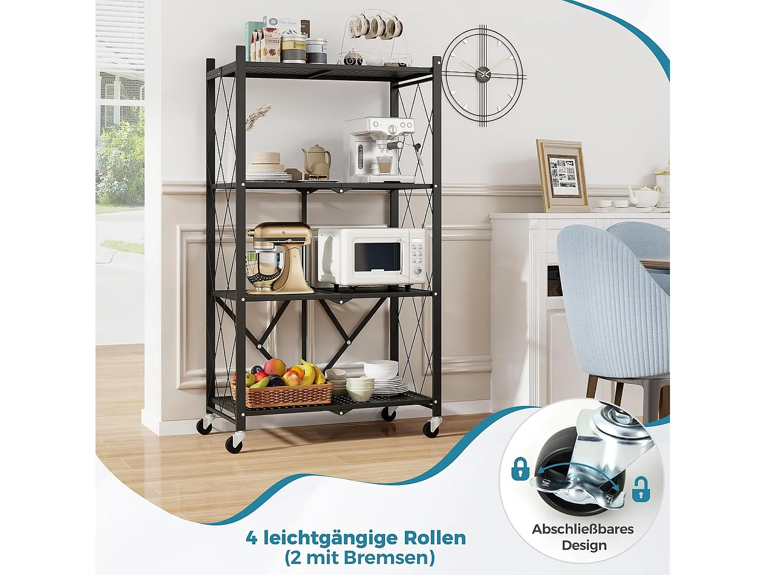Rek voor zware lasten, inklapbaar, 4 niveaus, staand rek met vergrendelbare wielen, keukenrek met metalen frame,opbergrek voor keuken,zwart, 71x34x126 cmVL32407