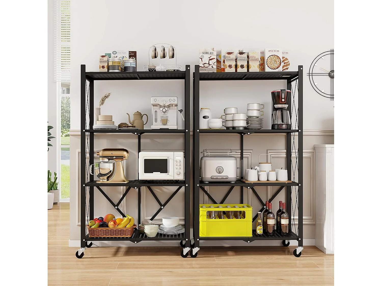 Rek voor zware lasten, inklapbaar, 4 niveaus, staand rek met vergrendelbare wielen, keukenrek met metalen frame,opbergrek voor keuken,zwart, 71x34x126 cmVL32407