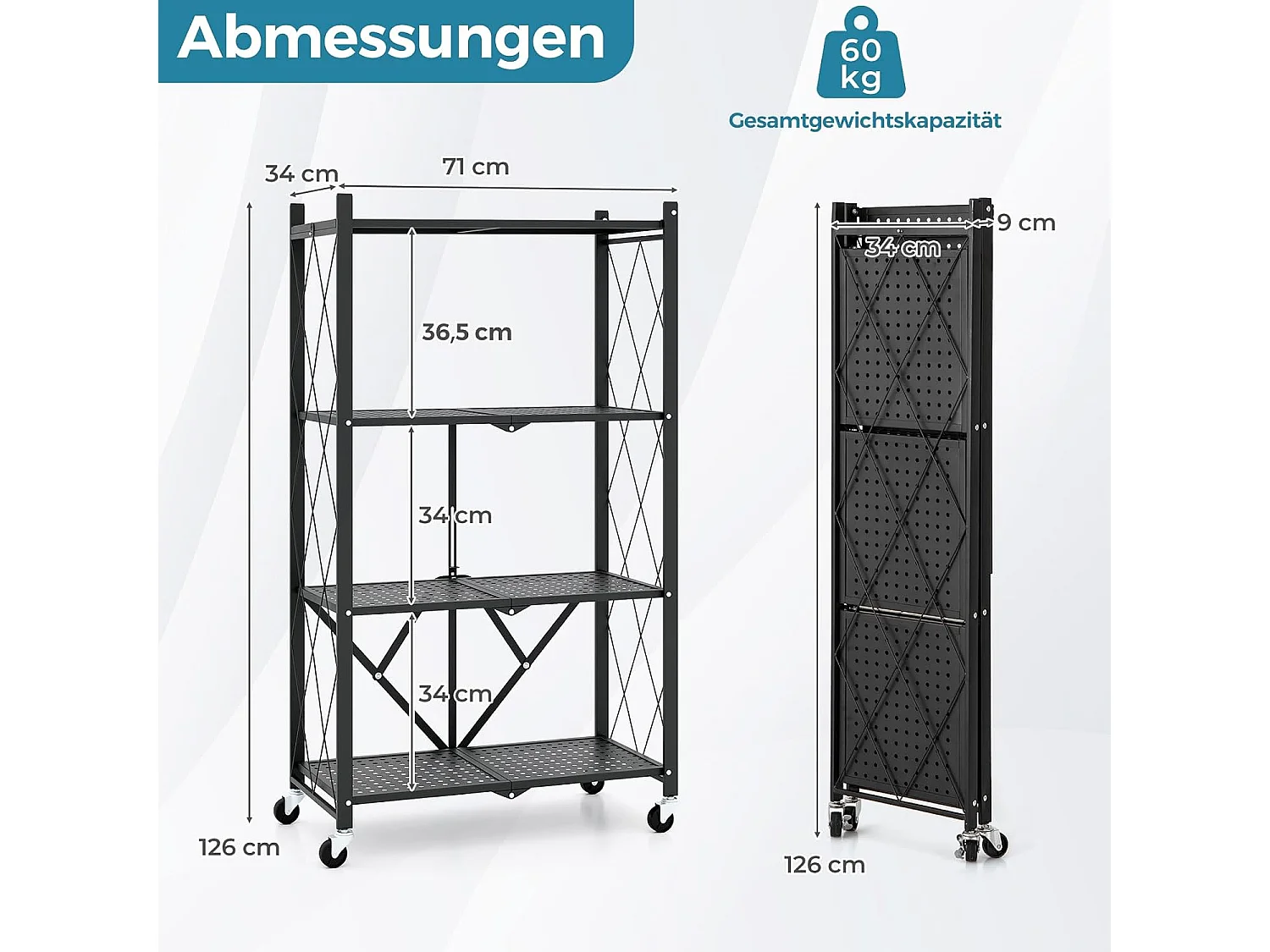 Rek voor zware lasten, inklapbaar, 4 niveaus, staand rek met vergrendelbare wielen, keukenrek met metalen frame,opbergrek voor keuken,zwart, 71x34x126 cmVL32407