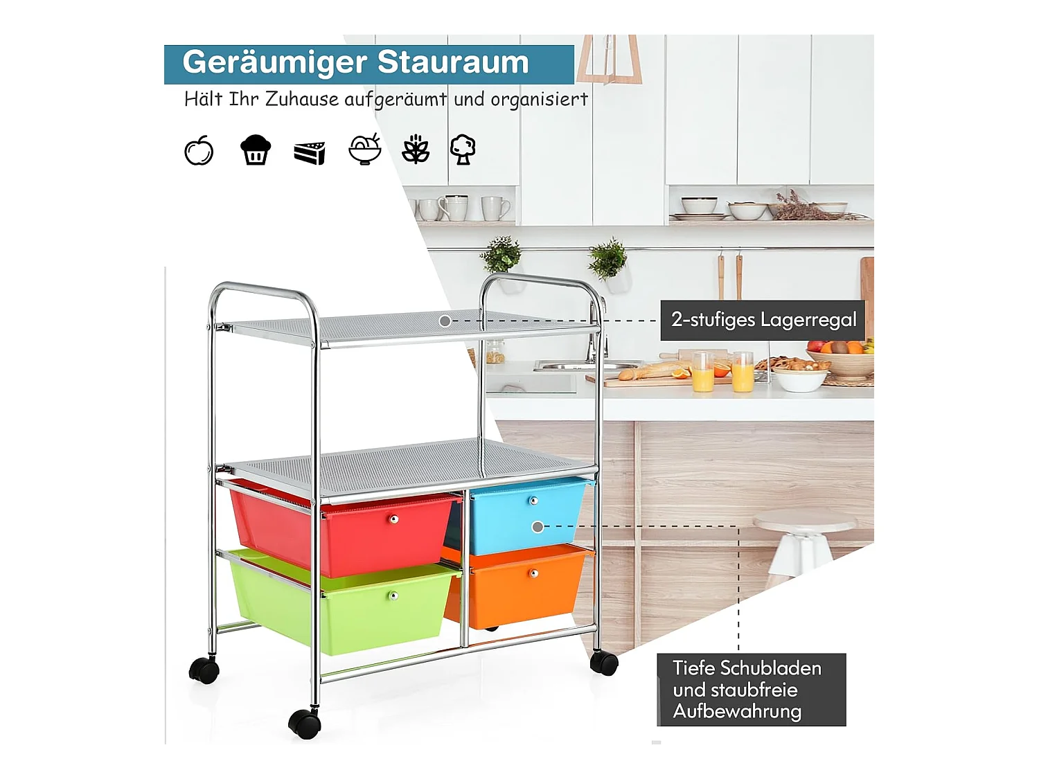 Rolwagen met 4 stapelbare laden, ladewagen, rolcontainer met metalen frame en legplanken, badkamerrolwagen, opbergwagen voor kantoor, woonkamerTI76292