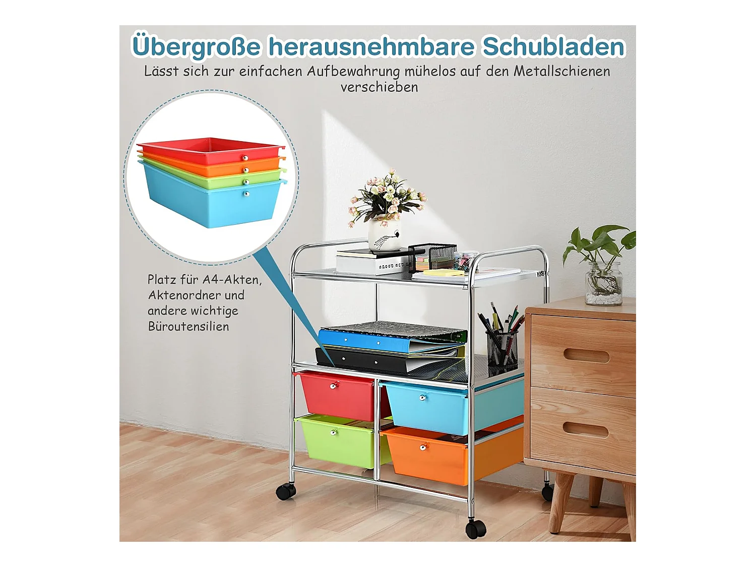 Rolwagen met 4 stapelbare laden, ladewagen, rolcontainer met metalen frame en legplanken, badkamerrolwagen, opbergwagen voor kantoor, woonkamerTI76292