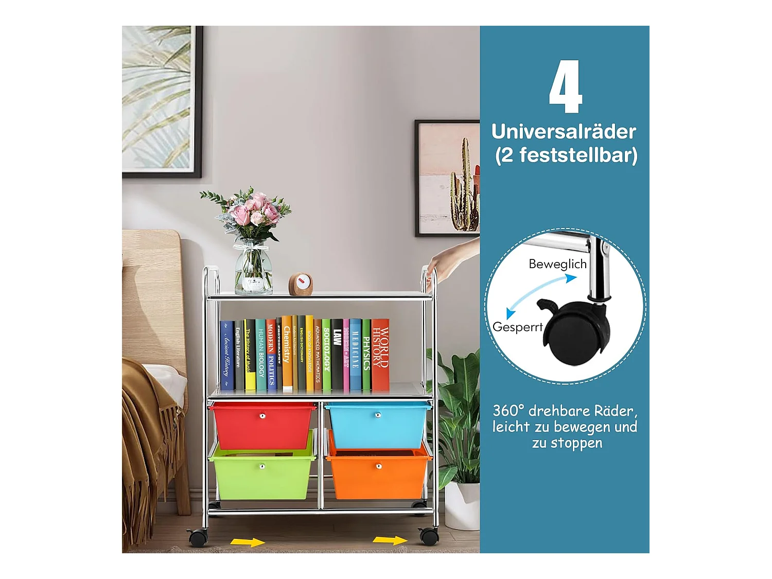 Rolwagen met 4 stapelbare laden, ladewagen, rolcontainer met metalen frame en legplanken, badkamerrolwagen, opbergwagen voor kantoor, woonkamerTI76292