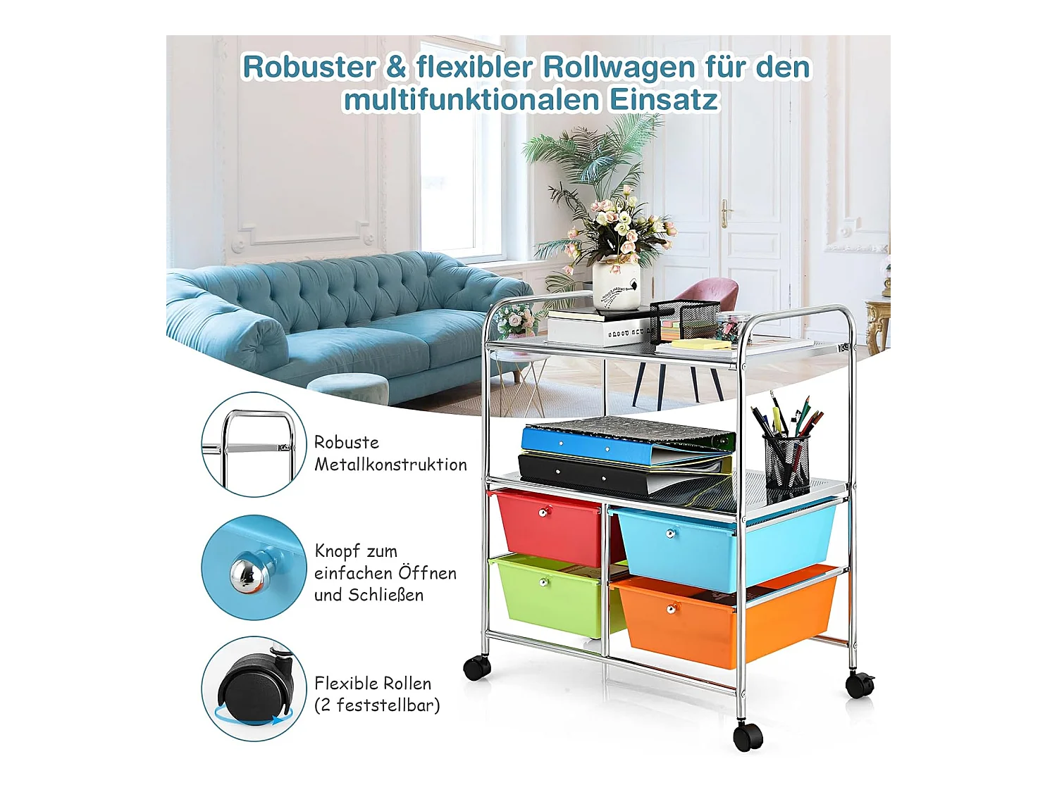 Rolwagen met 4 stapelbare laden, ladewagen, rolcontainer met metalen frame en legplanken, badkamerrolwagen, opbergwagen voor kantoor, woonkamerTI76292