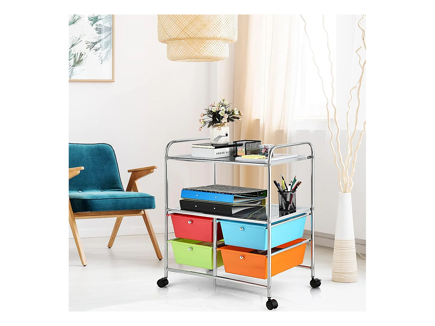 Rolwagen met 4 stapelbare laden, ladewagen, rolcontainer met metalen frame en legplanken, badkamerrolwagen, opbergwagen voor kantoor, woonkamerTI76292