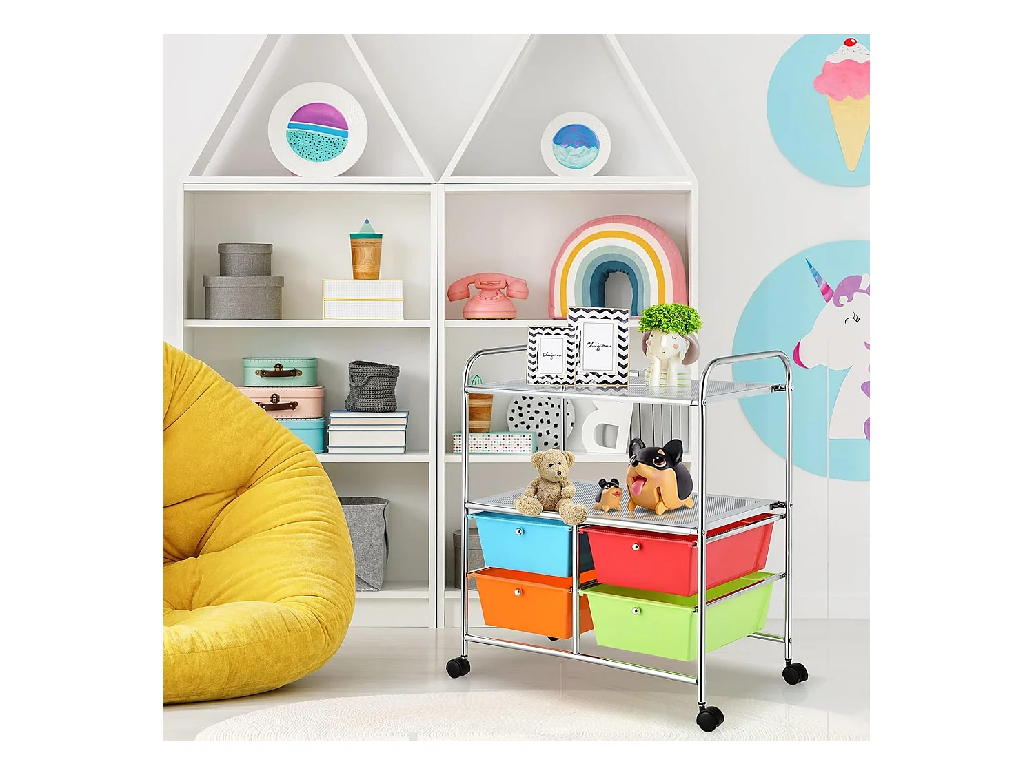 Rolwagen met 4 stapelbare laden, ladewagen, rolcontainer met metalen frame en legplanken, badkamerrolwagen, opbergwagen voor kantoor, woonkamerTI76292