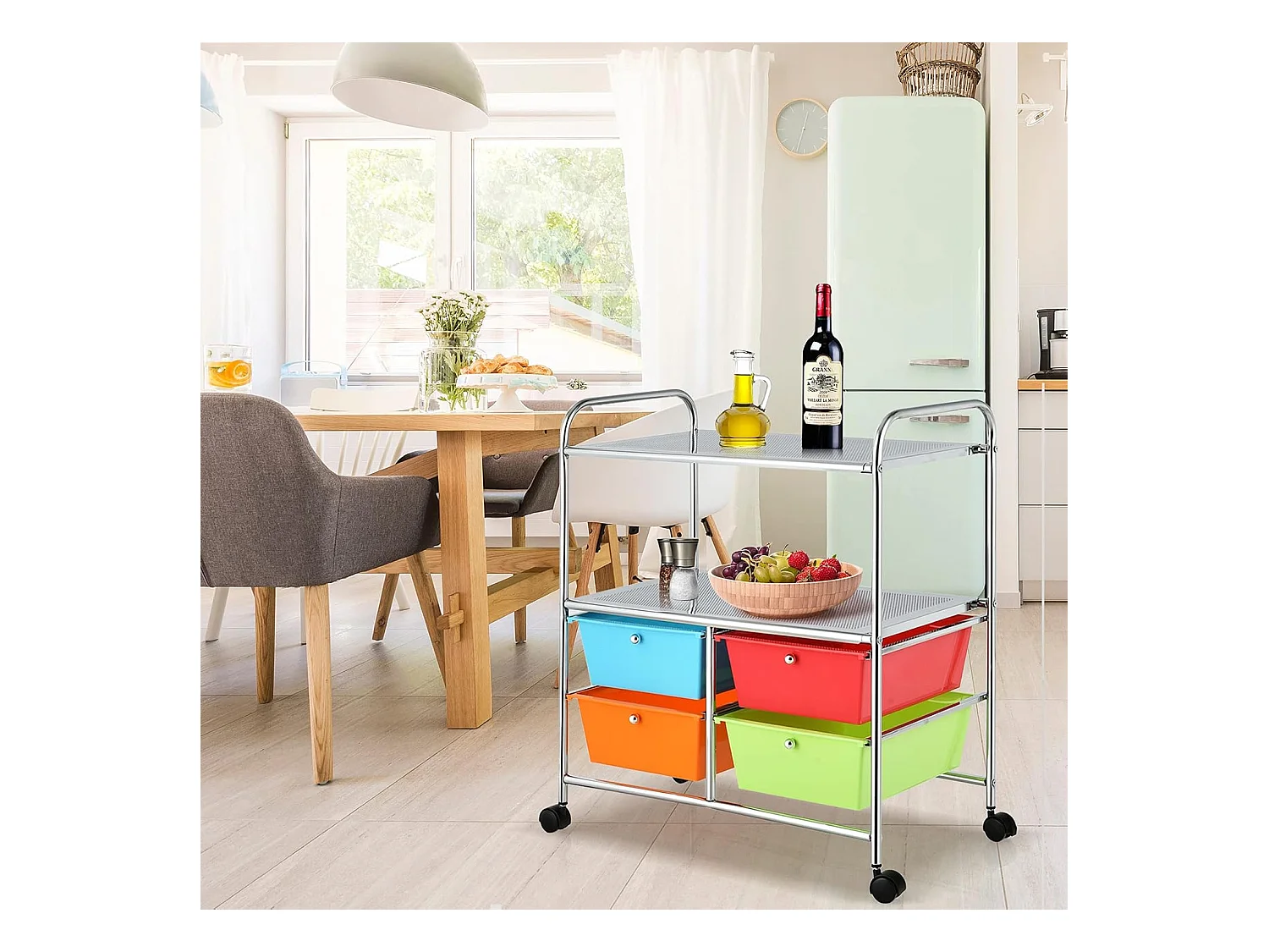 Rolwagen met 4 stapelbare laden, ladewagen, rolcontainer met metalen frame en legplanken, badkamerrolwagen, opbergwagen voor kantoor, woonkamerTI76292