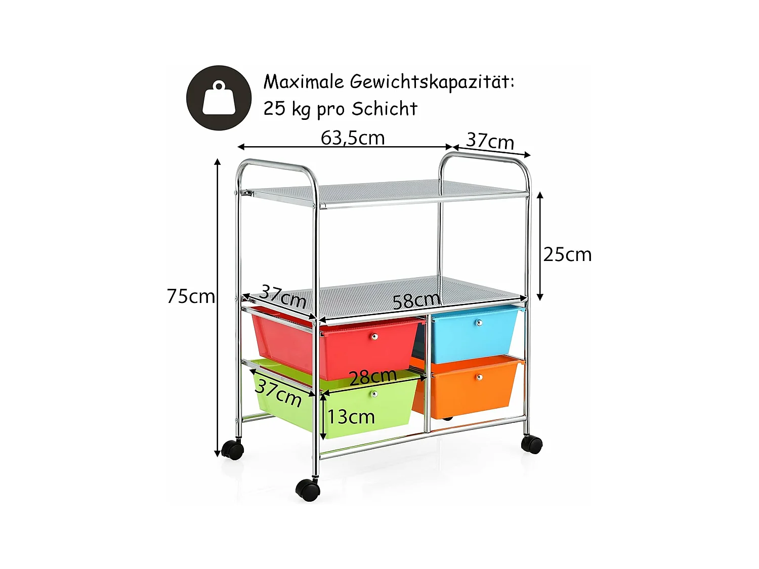 Rolwagen met 4 stapelbare laden, ladewagen, rolcontainer met metalen frame en legplanken, badkamerrolwagen, opbergwagen voor kantoor, woonkamerTI76292