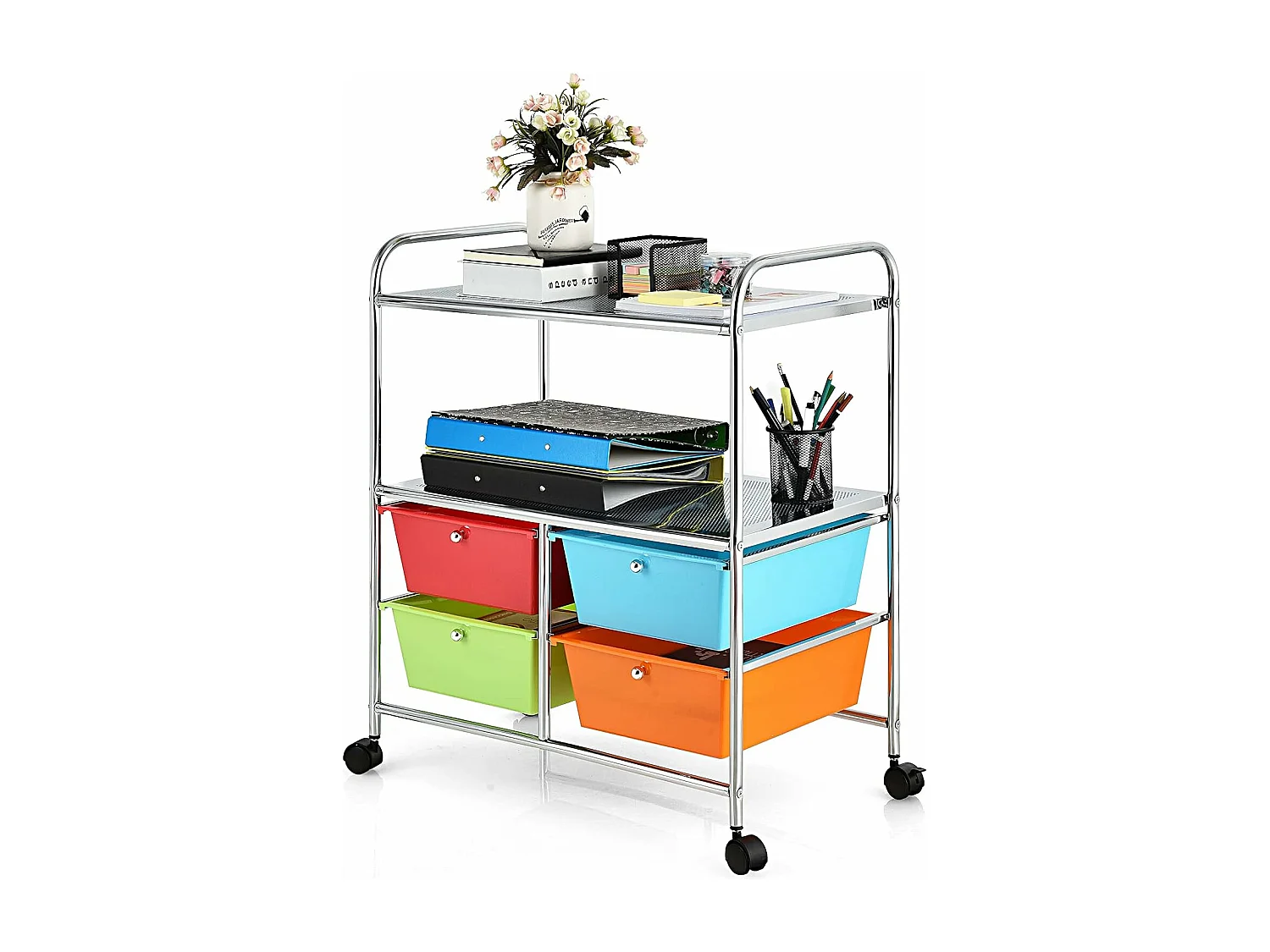 Rolwagen met 4 stapelbare laden, ladewagen, rolcontainer met metalen frame en legplanken, badkamerrolwagen, opbergwagen voor kantoor, woonkamerTI76292