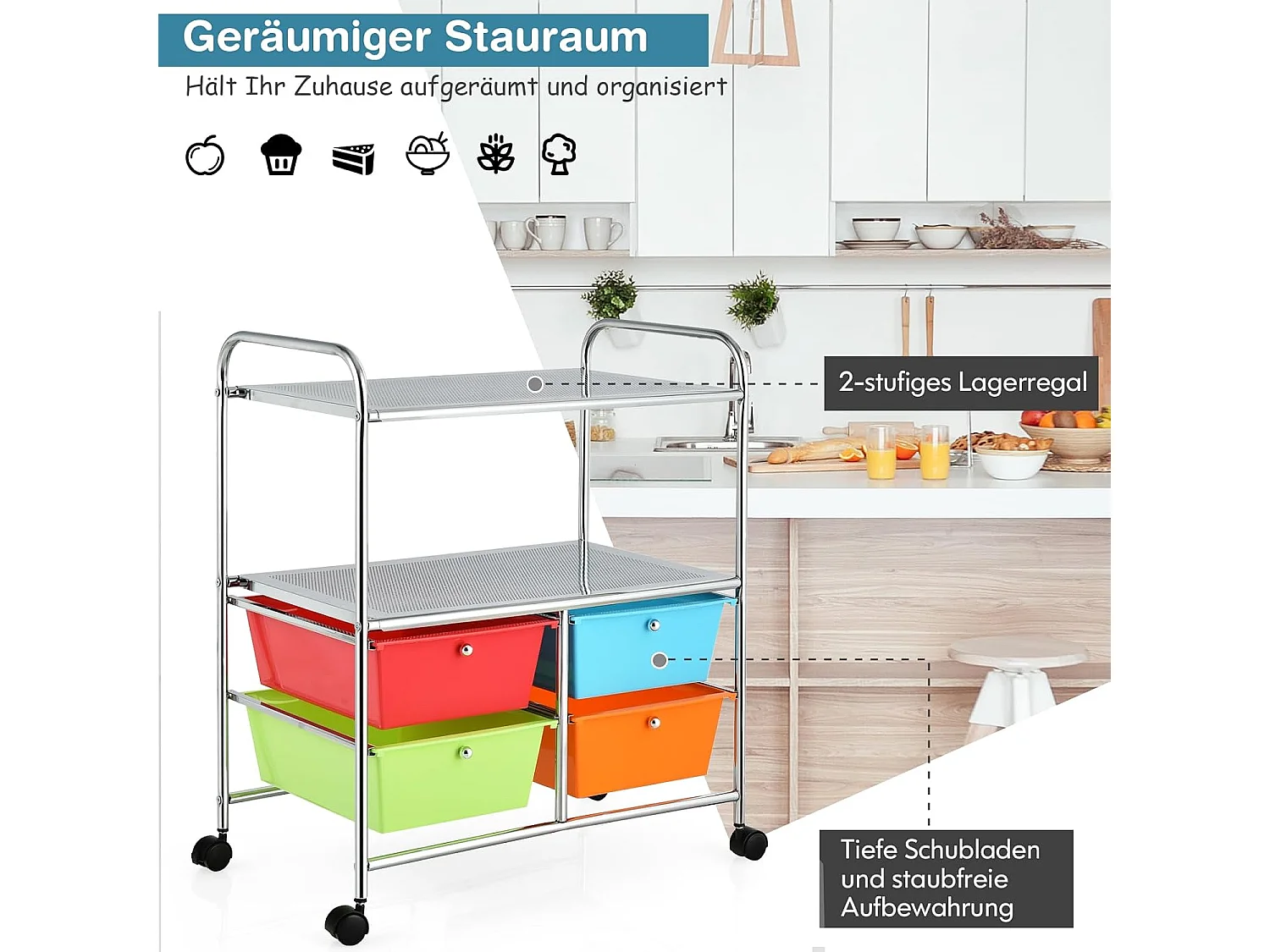 Rolwagen met 4 stapelbare laden, ladewagen, rolcontainer met metalen frame en legplanken, badkamerrolwagen, opbergwagen voor kantoor, woonkamerTI76292