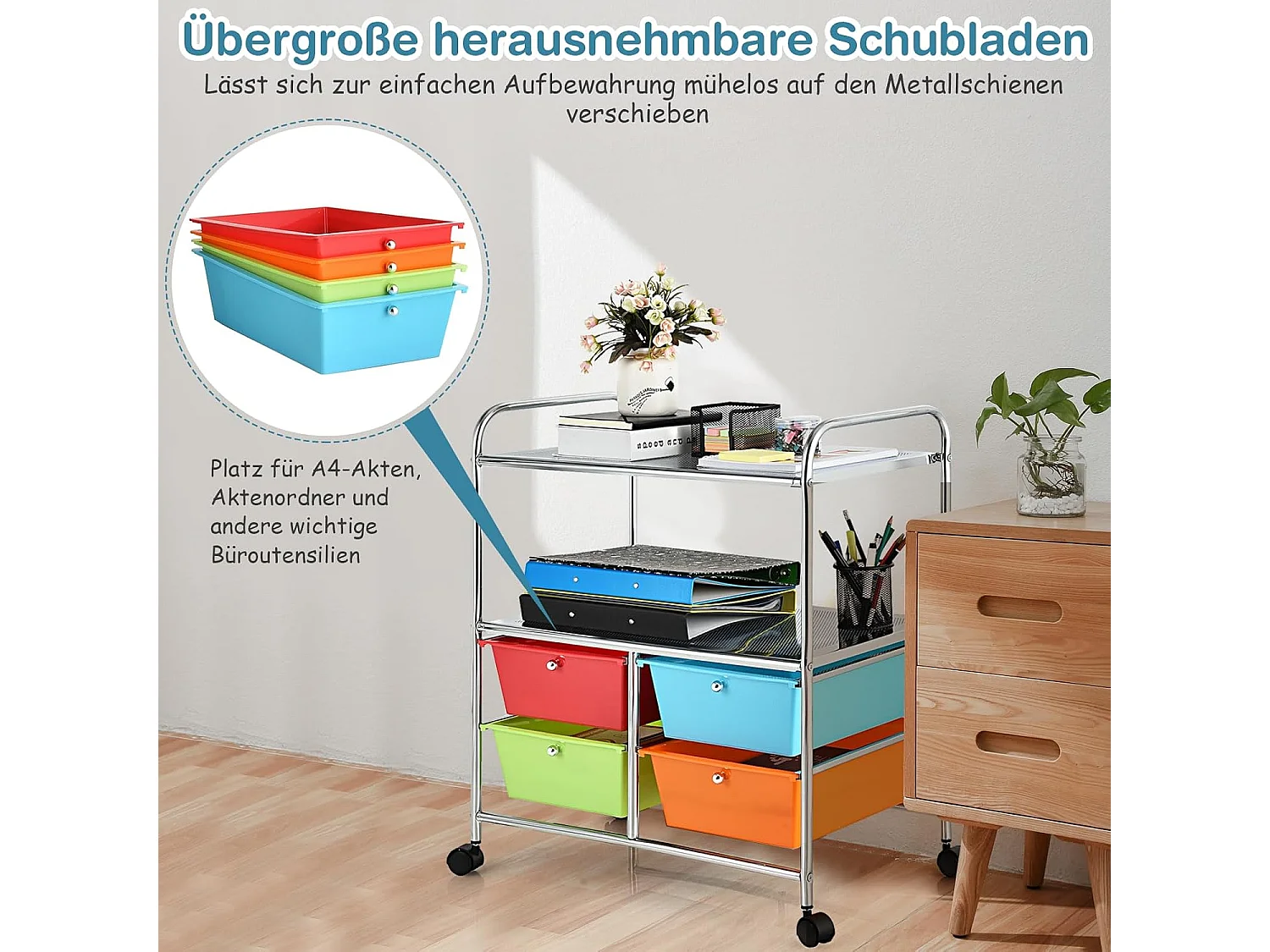 Rolwagen met 4 stapelbare laden, ladewagen, rolcontainer met metalen frame en legplanken, badkamerrolwagen, opbergwagen voor kantoor, woonkamerTI76292