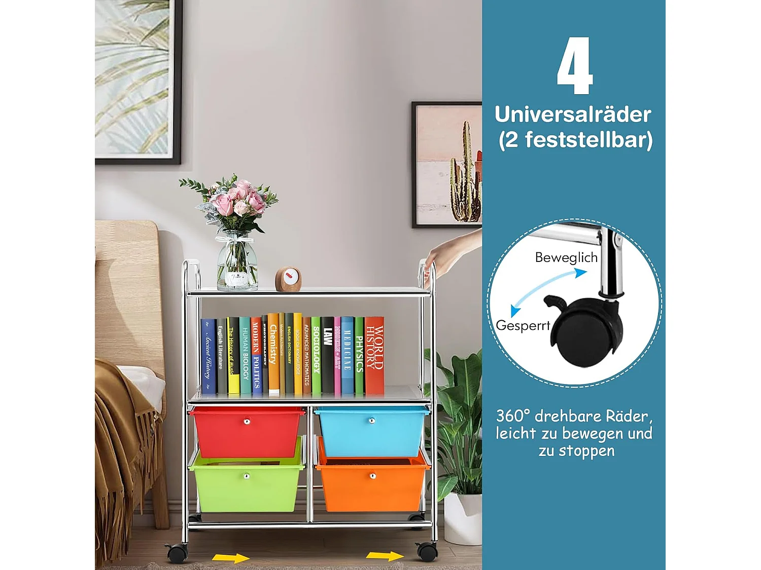 Rolwagen met 4 stapelbare laden, ladewagen, rolcontainer met metalen frame en legplanken, badkamerrolwagen, opbergwagen voor kantoor, woonkamerTI76292